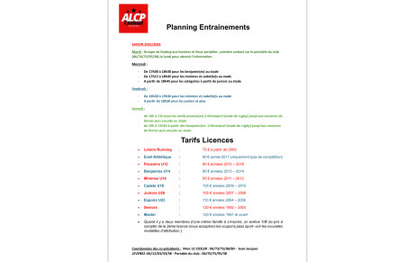 Planning des entraînements et tarifs licences
